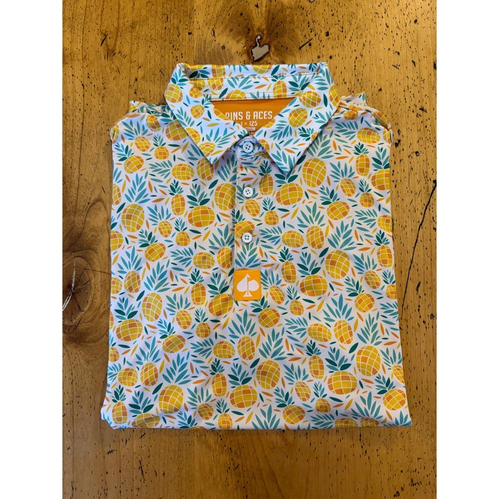 Pins & Aces Pineapple Golf Polo 1 of 125 M White Yellow Performance Shirt 1/125
